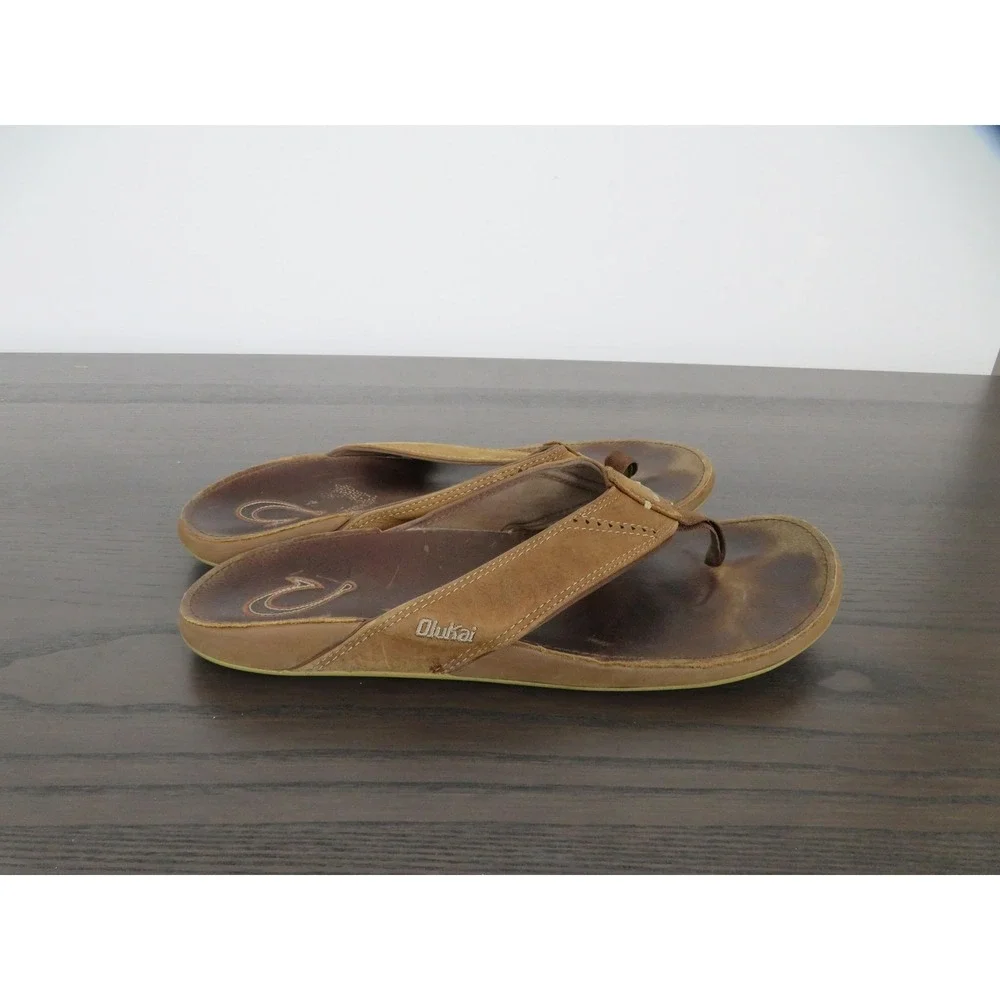 OluKai Nui Sandals Mens Size 12 Brown Leather Thong Flip Flops 10239-SKSK
